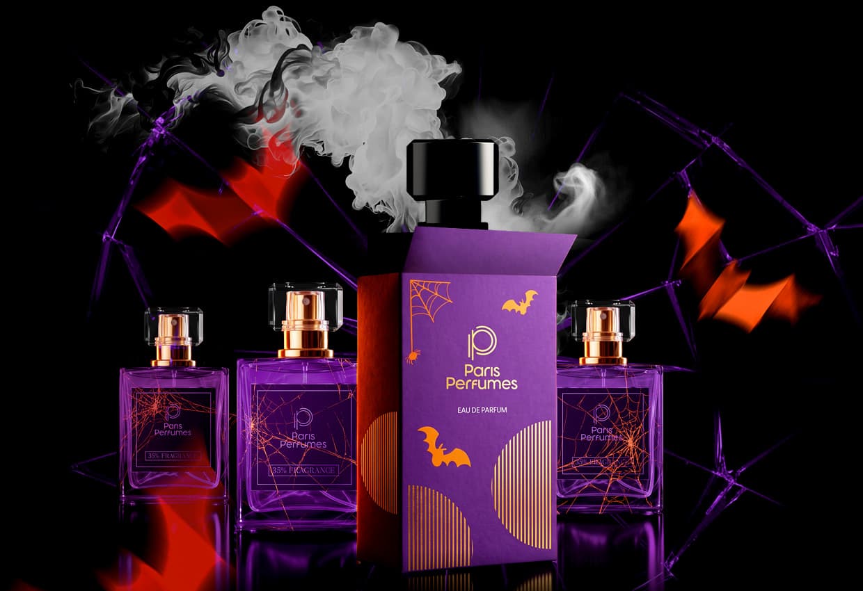 Trzy fioletowe flakony Paris Perfumes i halloweenowe pudełko wśród dymu, nietoperzy i pajęczyn