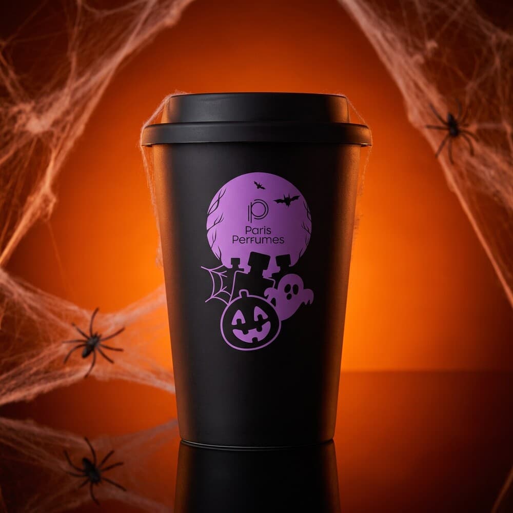 Czarny kubek termiczny Hokus Paris Halloween Edition na pomarańczowym tle z pajęczyną
