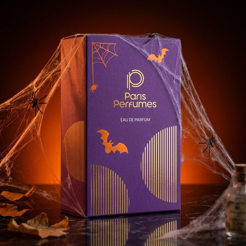 Fioletowo-pomarańczowe pudełko BLIND BOX Paris Perfumes w halloweenowej scenerii