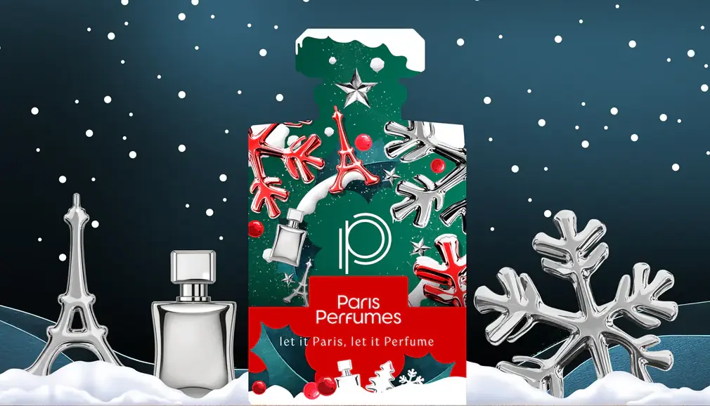 Zielone pudełko kalendarza Paris Perfumes 2026 w kształcie flakonu, z czerwonymi śnieżynkami i napisem let it Paris, let it Perfume