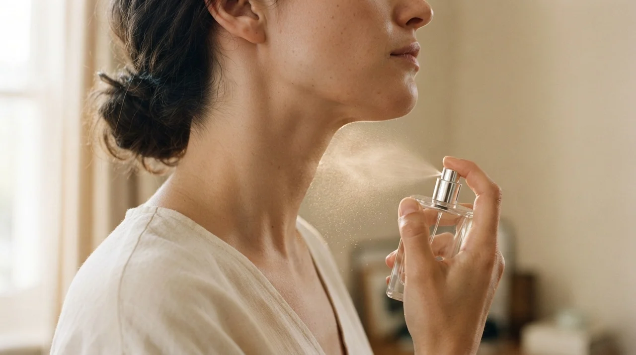 Kobieta aplikująca perfumy na szyję, widoczna delikatna mgiełka zapachowa