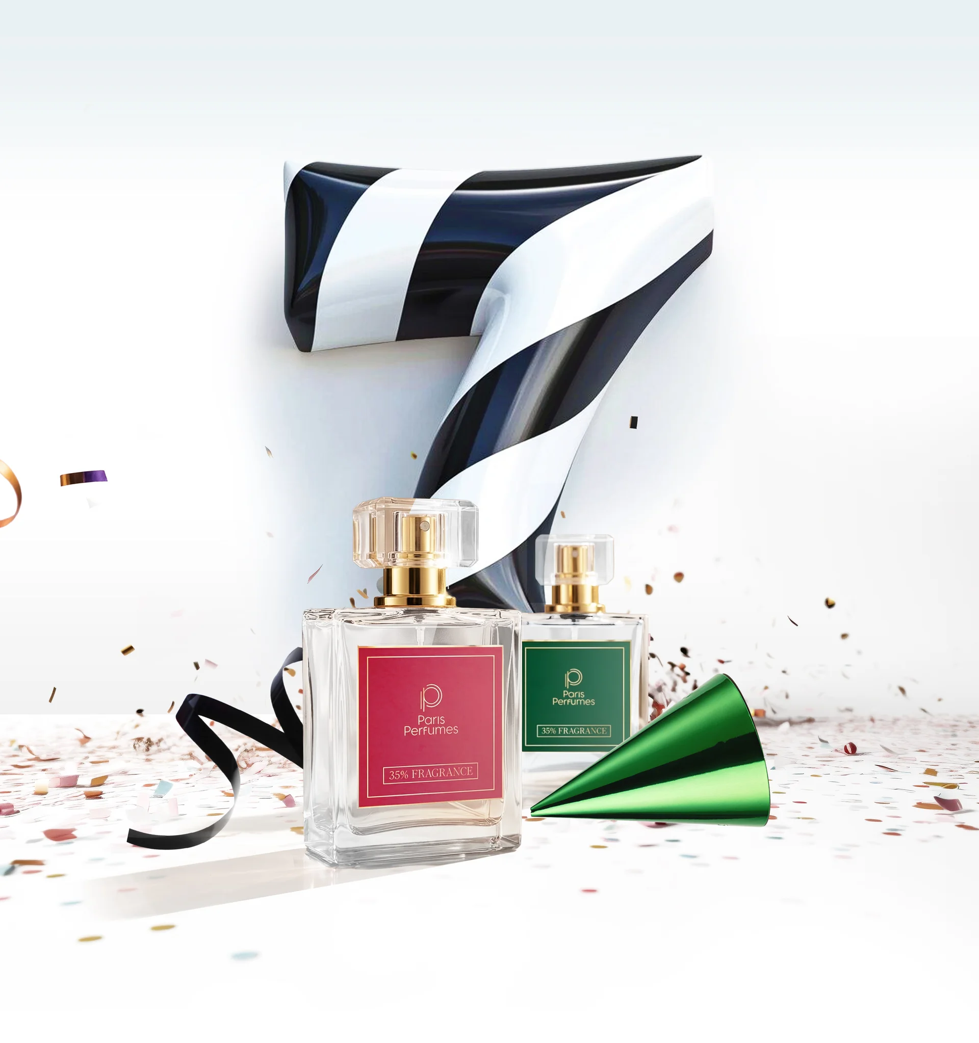 Urodzinowa kompozycja z cyfrą 7 i flakonami Paris Perfumes