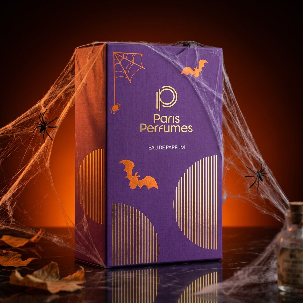 Fioletowo-pomarańczowe pudełko BLIND BOX Paris Perfumes w halloweenowej scenerii