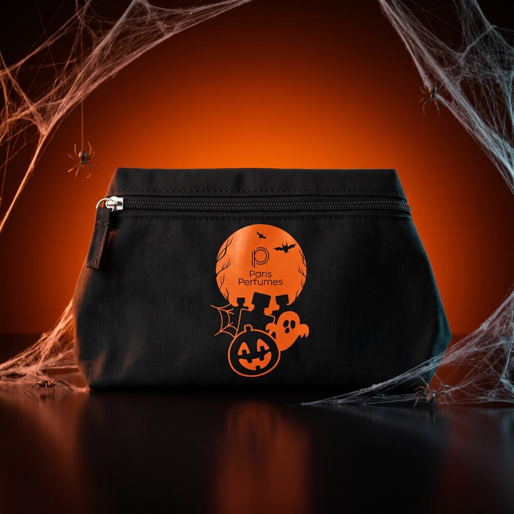 Czarna mini kosmetyczka Spell Pouch z dynią Paris Perfumes na tle pajęczyny